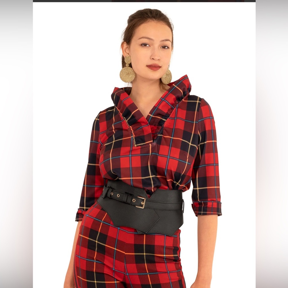 Gretchen Scott Designs Ruffneck Top Tunic Plaidly Cooper Red Large